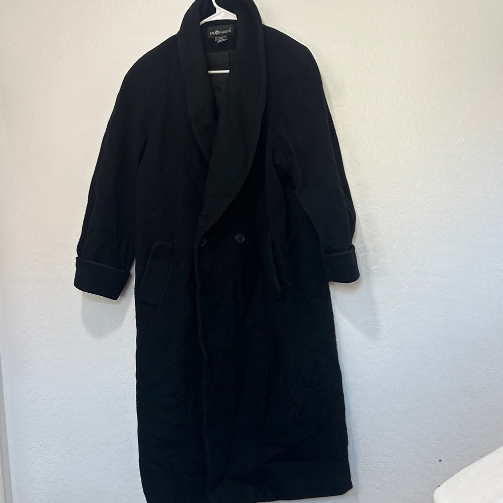 Sag Harbor‎ women’s XL long Black Trench Coat wool blend stretch double button